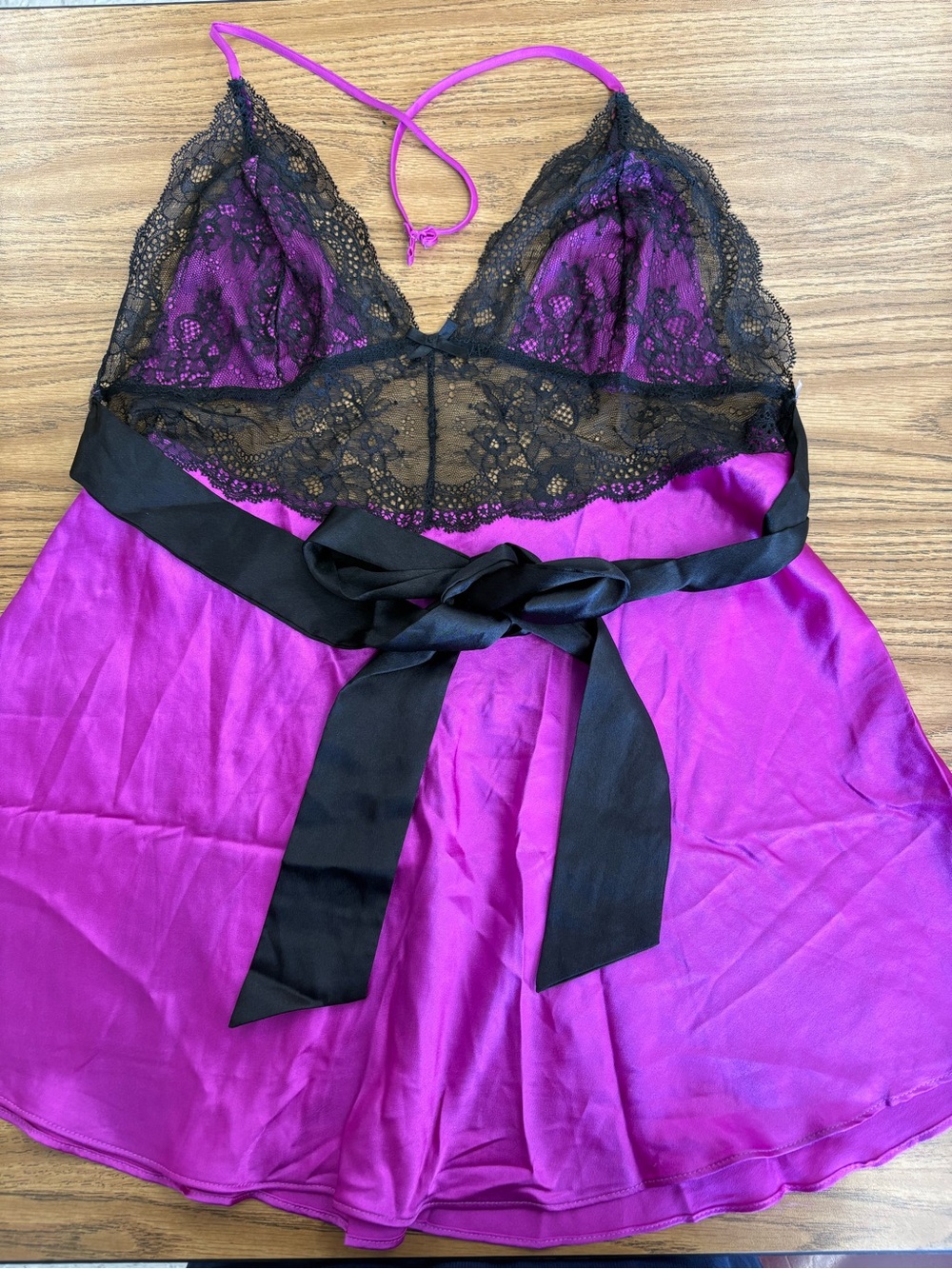 Victoria's Secret Magenta Satin Chemise with Black Lace Trim L
